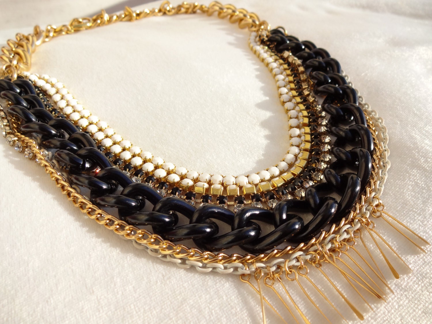 Black & White Statement Necklace fringe spikes gold chunky necklace statement jewelry tribal bib HEARTBREAKER