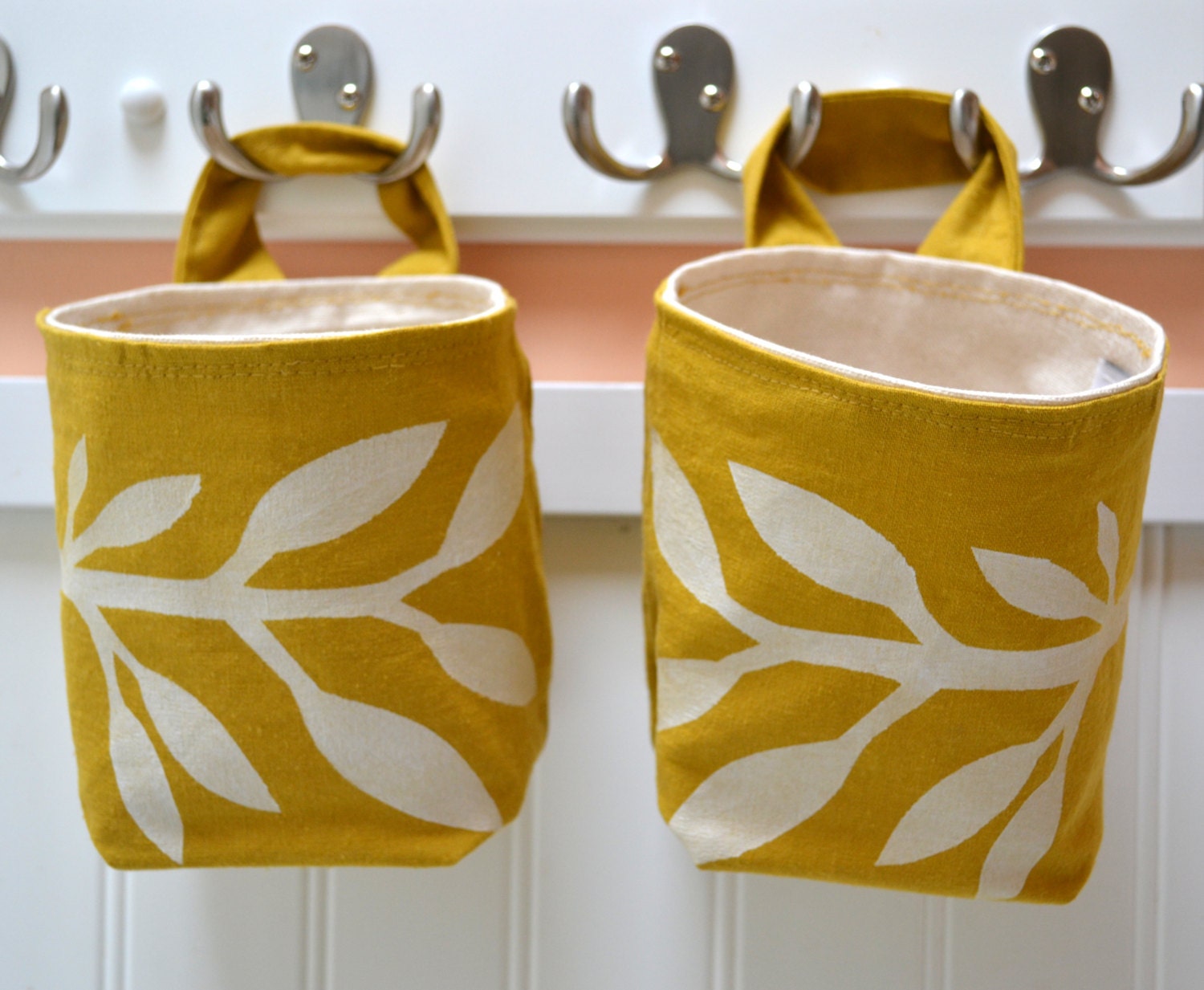 Hand Printed Fabric Basket Organizers in Our Leaf Design in White on Mustard Yellow Linen with Natural Canvas Interior with Handles set of 2