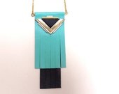Kephren Necklace, graphic necklace, fringed leather, mint and black, gold triangle