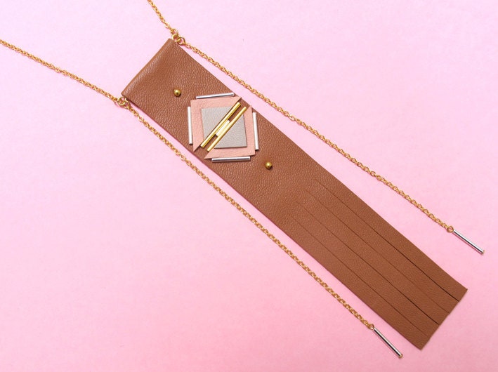Luxor long necklace caramel, fringed leather jewel