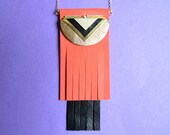 Hawara long necklace coral, Art deco spirit, fringes in leather