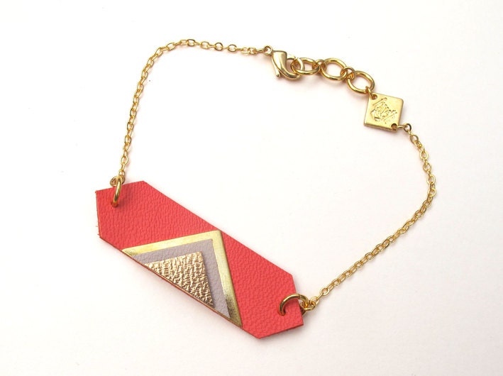 Louvre bracelet coral, graphic jewelry in leather, triangle gold plated