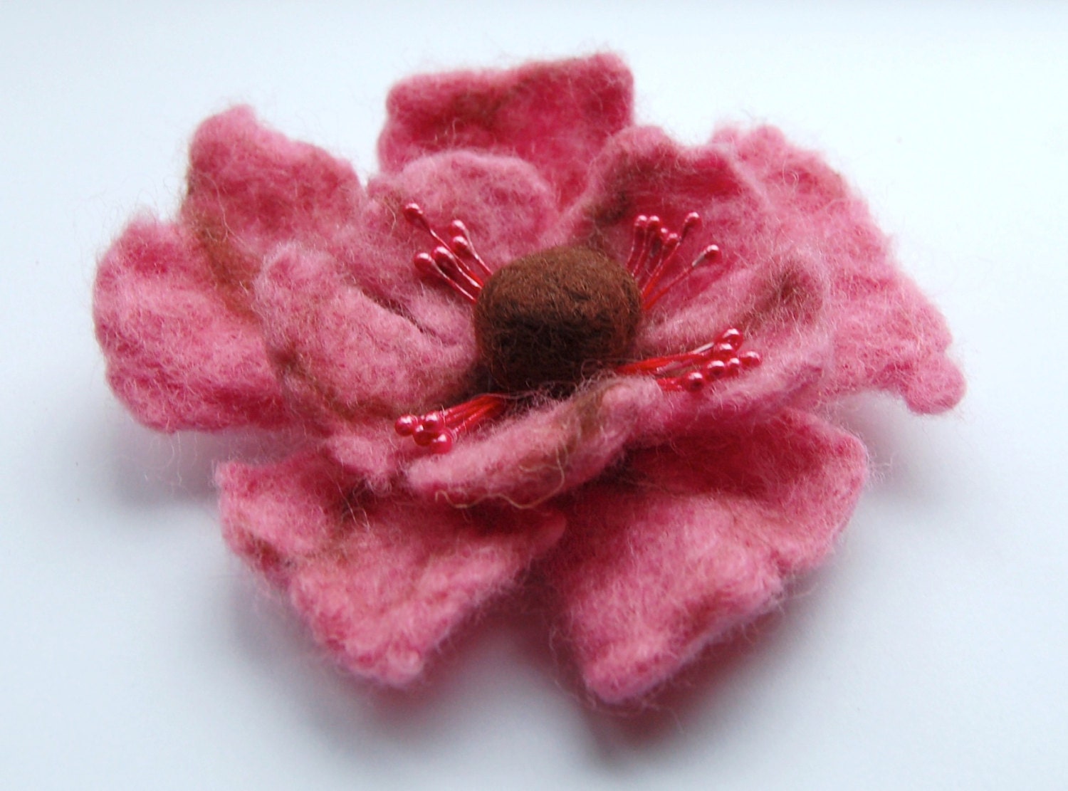 Felted flower brooch, wet felted wool flower, pink and brown