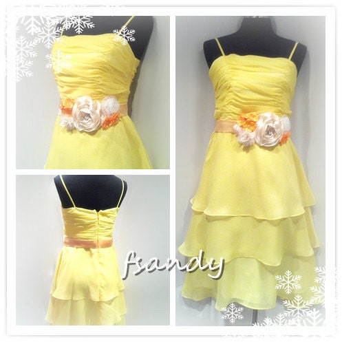 Customized  yellow chiffon short prom dress, evening gown , bridesmaid dress ,party dress