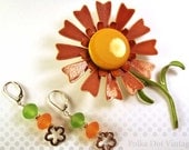 Mellow Yellow and Orange Vintage Flower Pin with Sterling Petal Earrings