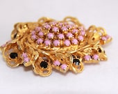 Vintage Brooch Pin - Mauve Pink and Black Stones -  Metal Horn Filigree Gold Tone Brooch - Wedding Accessory - Bride Jewelry - Unusual