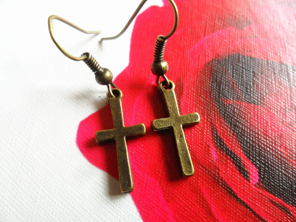 Cross Earring - Minimalist Miniature Bronze Tiny Little Rustic Cross Metal Earrings, simple punk lolita fashion chic  jewelry