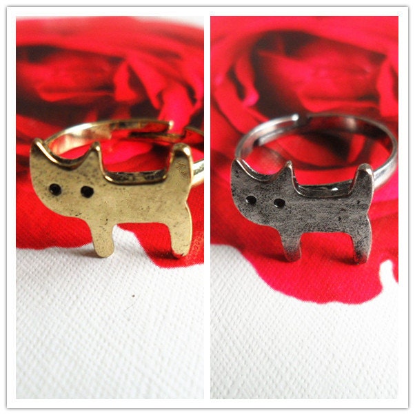 Cat Ring- 1Pc Antique Silver/Bronze Cute kitten Cat Animal Metal Steampunk Pet Ring -- Friendship Couple Lover Retro Finger Rings