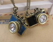 Camera Necklace- Retro Miniature 3D Blue/Black BIG Camera FM2 Rhinestone Lens Metal Steampunk Necklace, Camera Jewelry, Photographer Gift
