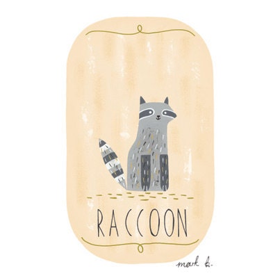 Raccoon art print - 6x4 painting - Available in pink, peach, cream, green, teal & blue - raccoon print, woodland creature folk art