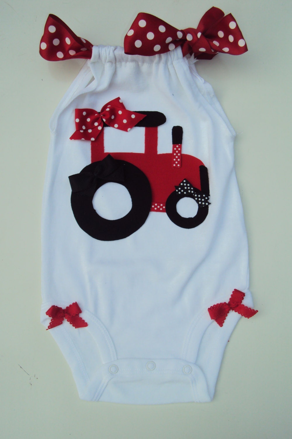 Baby Girls, Toddler Girls Red Tractor Onesie or t- shirt. So cute for your little farmer girl.