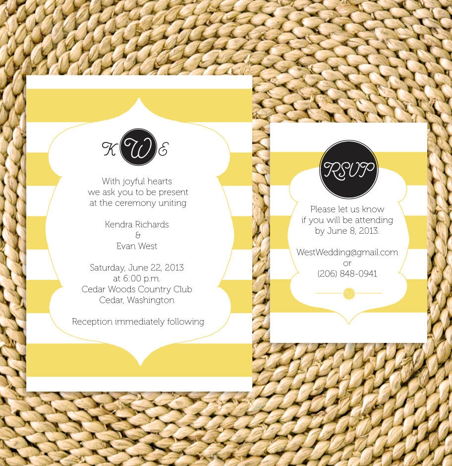 Kendra Horizontal Striped and Monogram Printable Wedding Invitation Set in Honey Yellow - Customize & Pick Your Colors