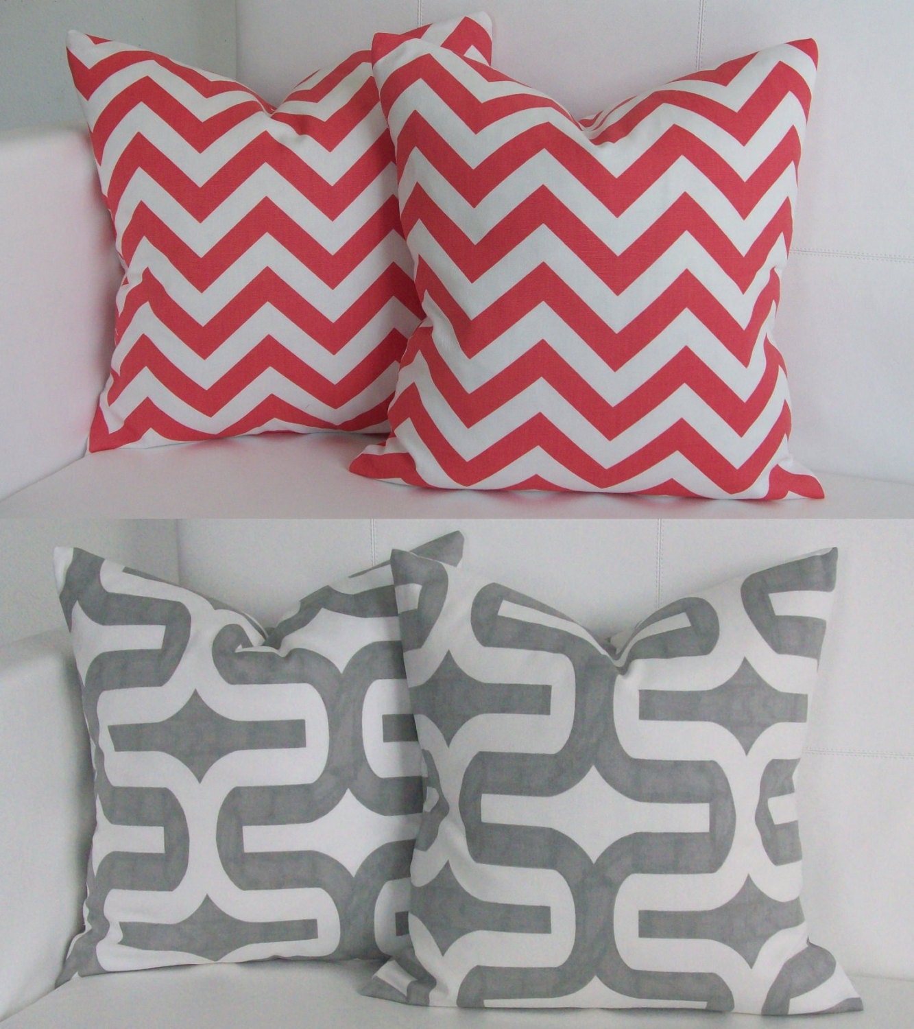 Coral and Gray Throw Pillow Covers for 16x16 Decorative Pillows FOUR