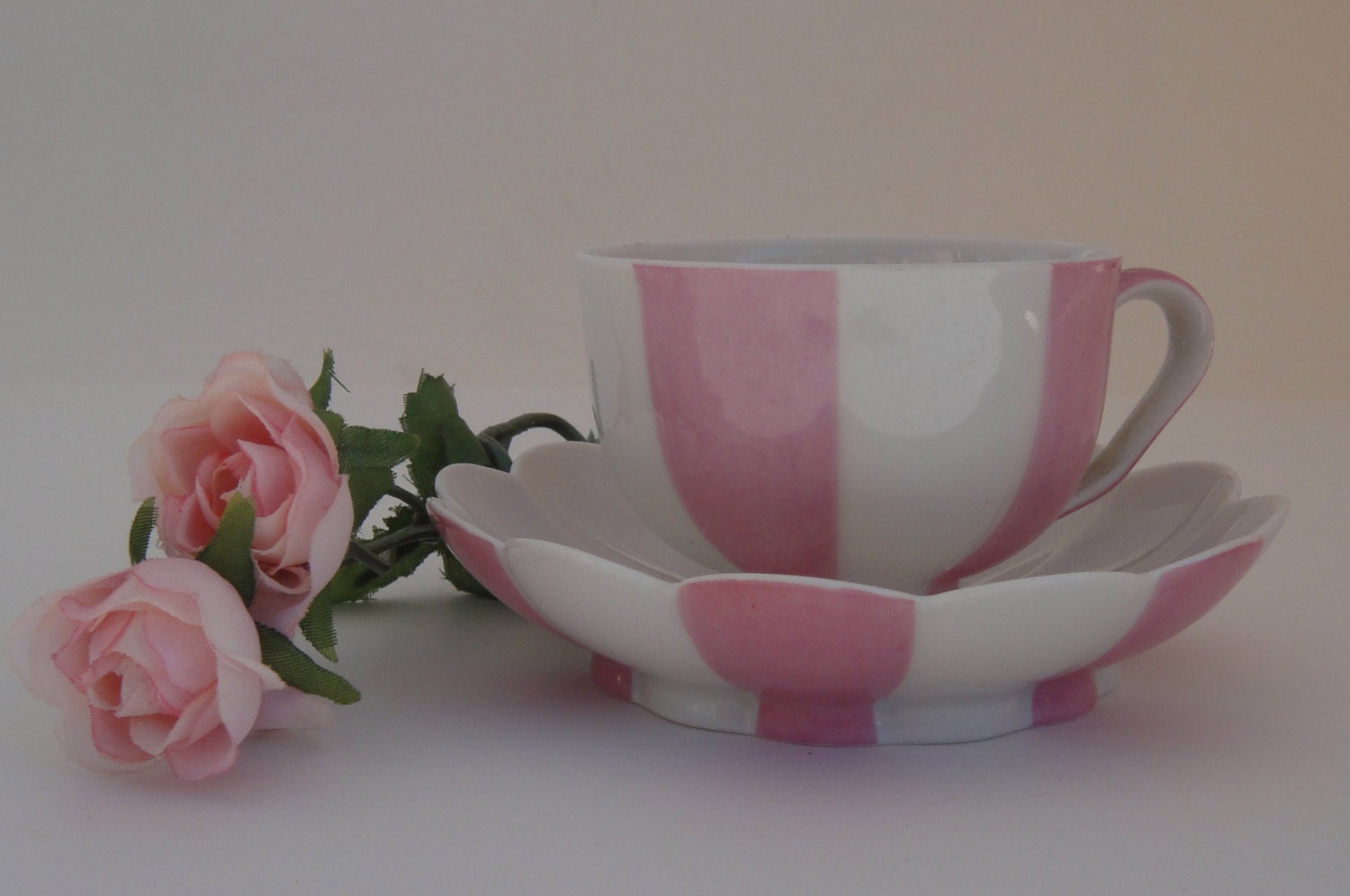 WIEN Cabinet Cup and Saucer, Vienna Wien Demitasse Hand Painted Cup and Saucer, Austria, Pink and White Stripes