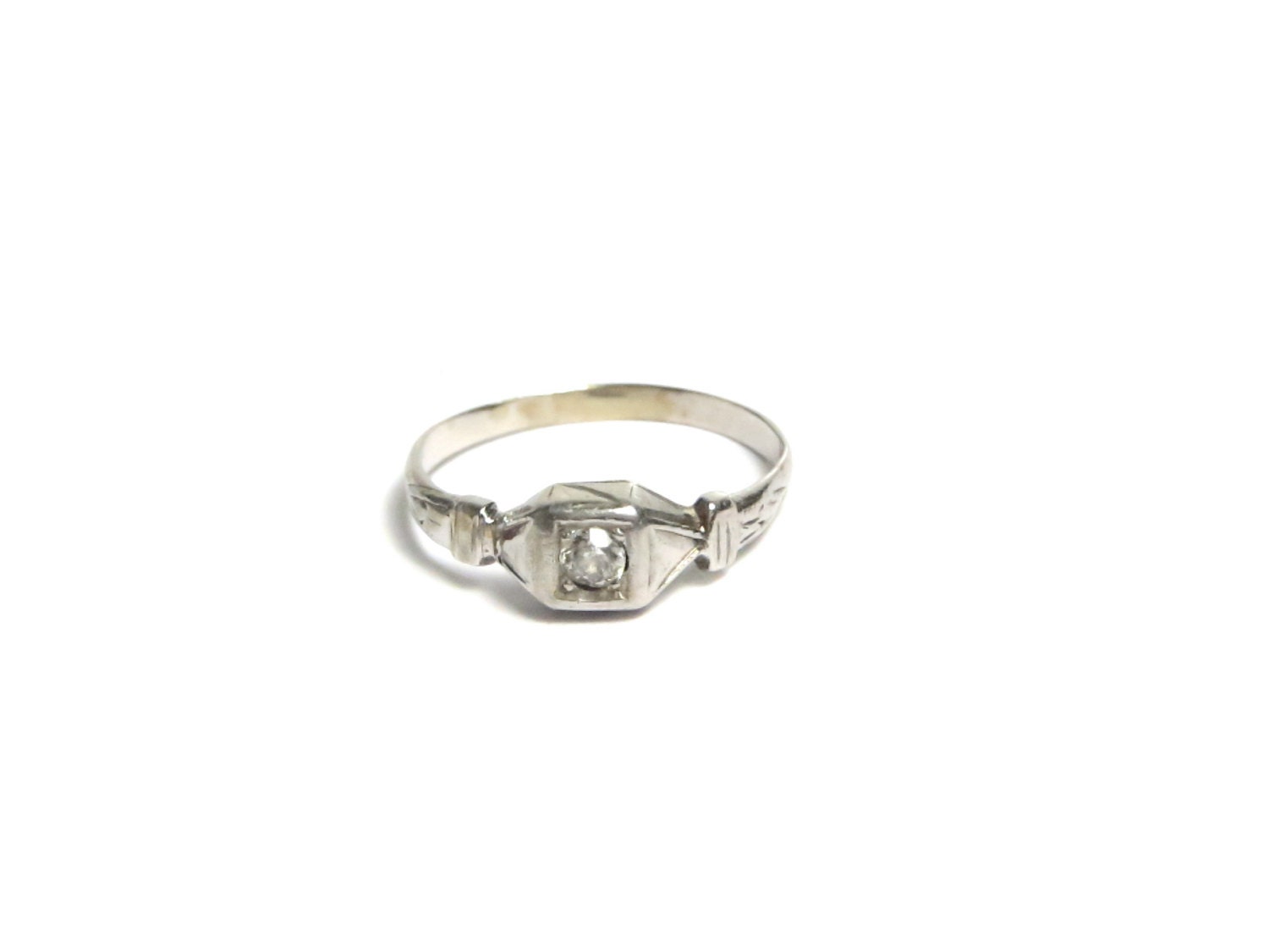 Circa 1935 14k White Gold Dedication Diamond Ring Size 4