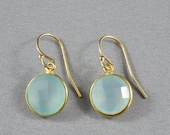 Aqua Chalcedony Earrings, Gold Bezel Gemstone Charms, 14K Gold Filled Ear Wires, Everyday Wear Jewelry