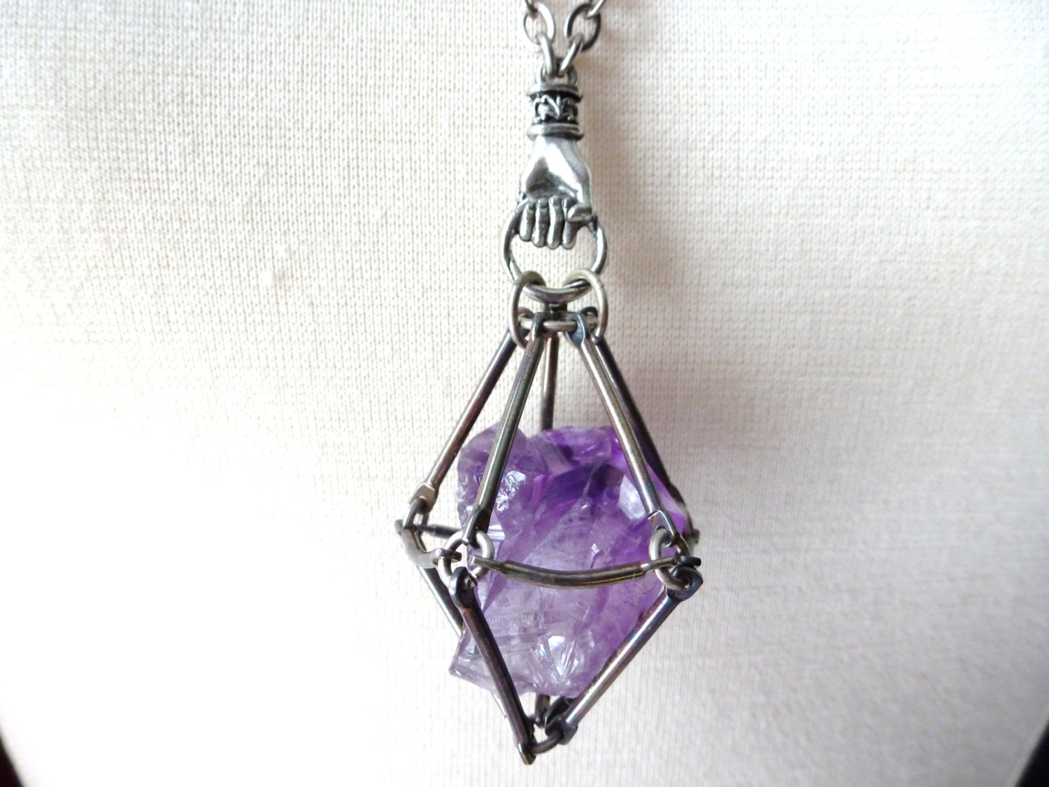 Raw Amethyst Caged Crystal Pendant Necklace