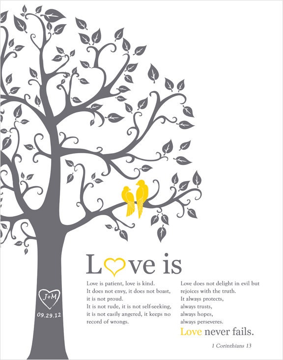 Personalized Wedding Gift custom 1 corinthians 13 Love is patient Personalized Wedding Gift Paper Anniversary Gift wedding tree love birds
