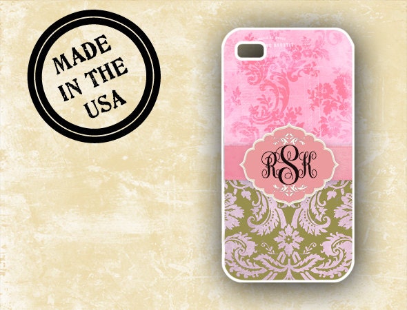 Floral monogram Iphone 5 case - Pink grunge damask soft green - Monogrammed Iphone 5 case plastic or silicone rubber (9834)