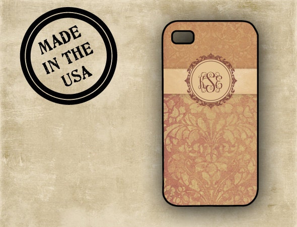 Monogrammed Iphone 4 cover, Iphone 5 case - Distressed dusty coral damasks - personalized Iphone 4s case, plastic or silicone rubber (9903)