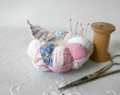 Pincushion made from a vintage quilt - light pink blue white sewing pins