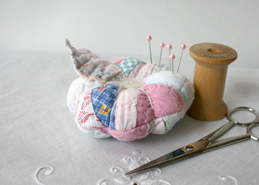Pincushion made from a vintage quilt - light pink blue white sewing pins