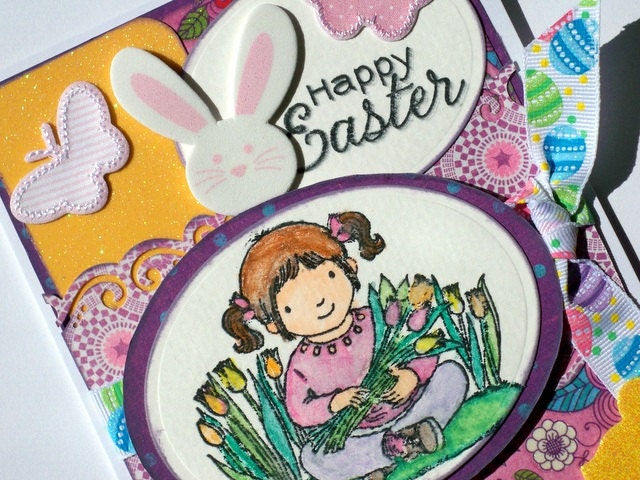 Cute Easter Card, Happy Easter Card, Glitter, Spring, Hand Stamped - Bunny Rabbit - Chicks - Butterflies - Flowers - Tulips