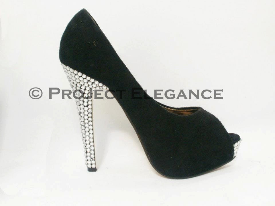 1 DAY DISPATCH - New Size US 7 Black Faux Suede Platform Peep Toe High Heel Clear Crystal Bling