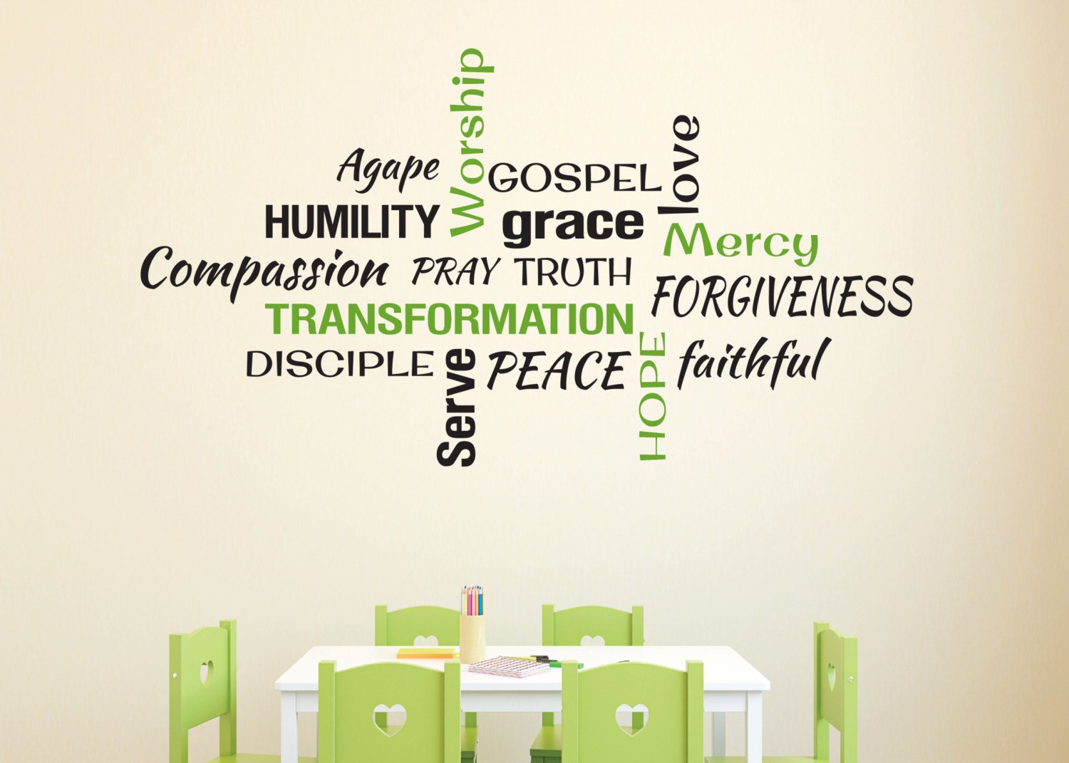 Youth Room, Church Religious Christian word collage subway art - Vinyl Wall Decal 26"H x 48"W