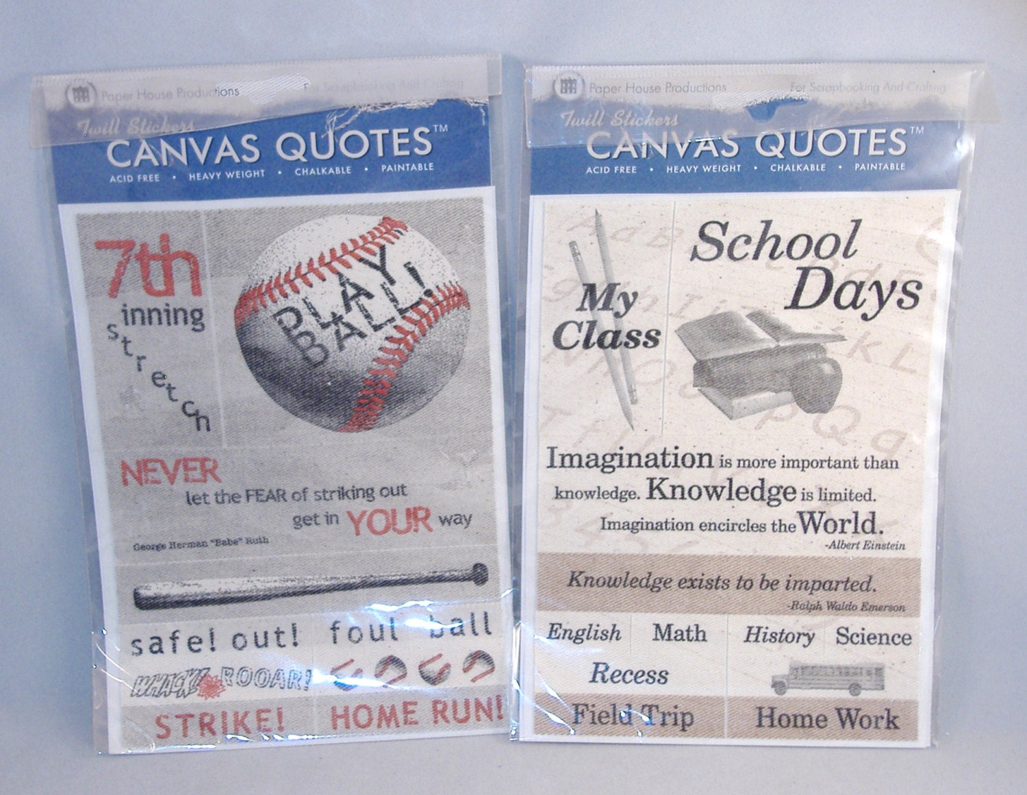 Twill Stickers, Canvas Quotes - Baseball, School Days - 2 Pk Special, Brand New