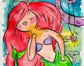 Original Painting of The Little Mermaid, 5x7 inches. Disney Disneyland Princess. Watercolor art drawing