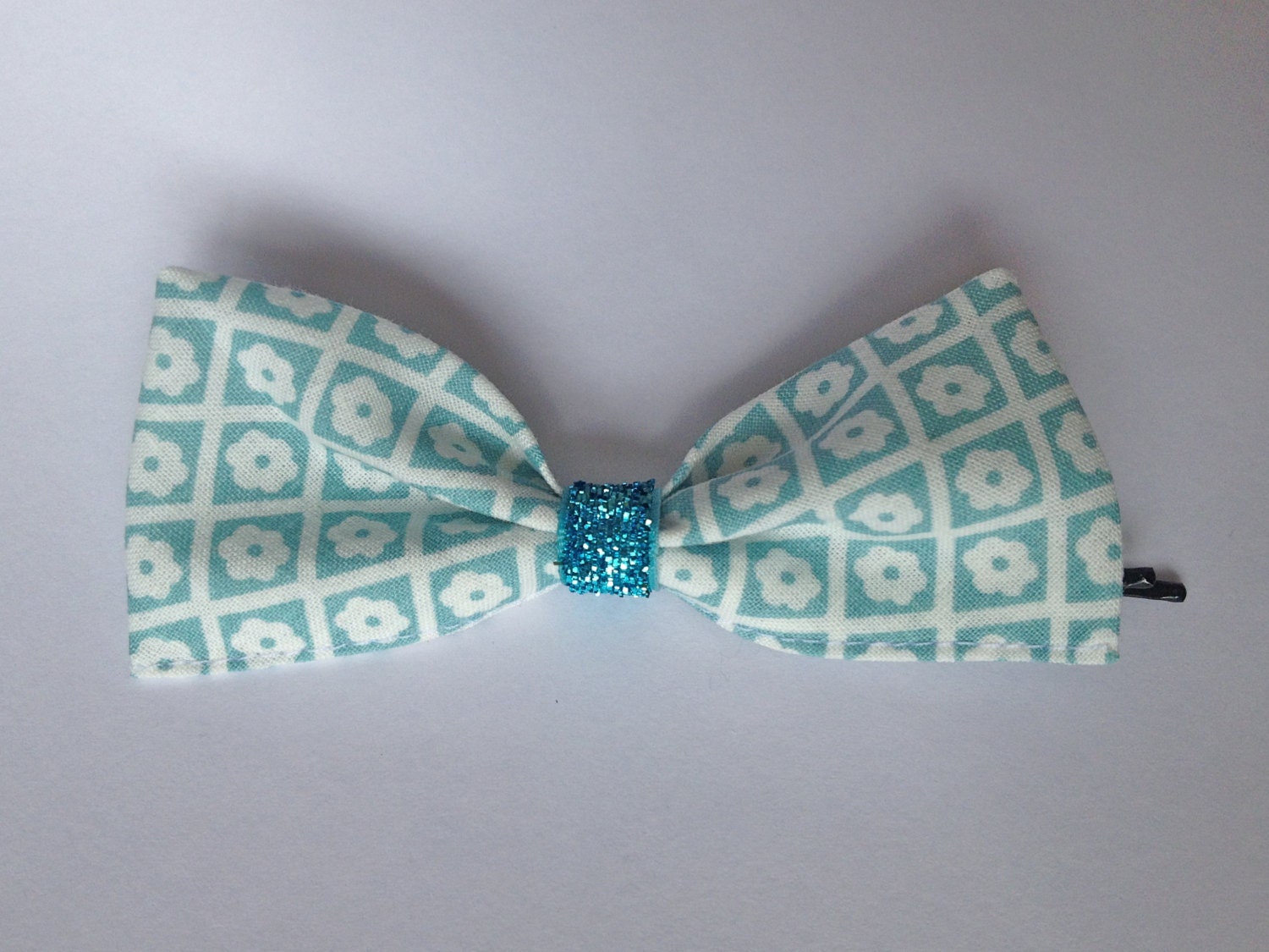 Girls Spring Mint with floral bow Blue sparkle ribbon bobby pin, Toddler bobby pin, Kids hair accessory, spring celebrations