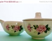 SPRING SALE Vintage Taylor Smith Taylor Summer Rose-Gold Pattern, Cream and Sugar Set, Pink Rose Green Leaves, Gold Band, Cottage Chic, Sha