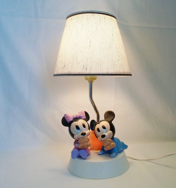 SPRING SALE Vintage Walt Disney Babby Micky and Minnie Mouse Lamp with Night Light   Nursery  Childs Room  by the Dolly Toy Co Ohio USA
