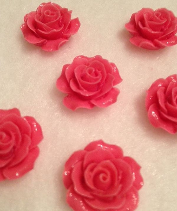 6 Pink Rose Cabochon, Resin Flowers with Flat Back, 18mm, for Bobby Pins, Headbands, Earrings, Pendants