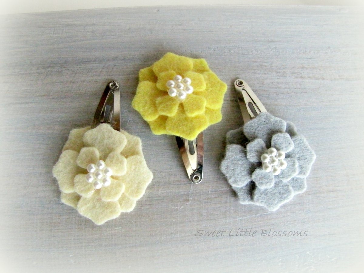 Baby Felt Hair Clips - Yellow, Grey and Cream Easter and Spring Blossom Snap Clips - Girl Baby Infant Accessory
