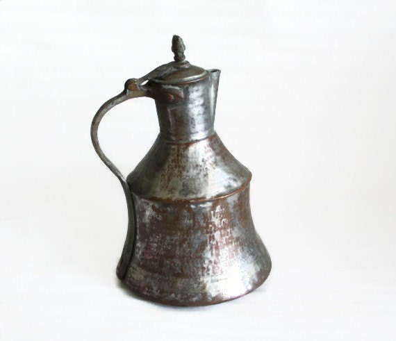 Vintage copper milk jug antique primitive hammered Turkish pitcher. ORDU, Black Sea. Old milkmen vessel. Oriental home decor farmhouse barn