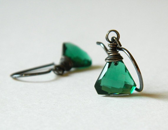 Green Tourmaline Quartz Earrings, Green Minimalist Earrings,Dainty Petite Green Earrings, Oxidized Silver Wire Wrapped Handmade Ear Wires