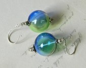 Blown Glass Earrings, Blue Green Earrings, Handmade Lamp Work Earrings, Sterling Silver