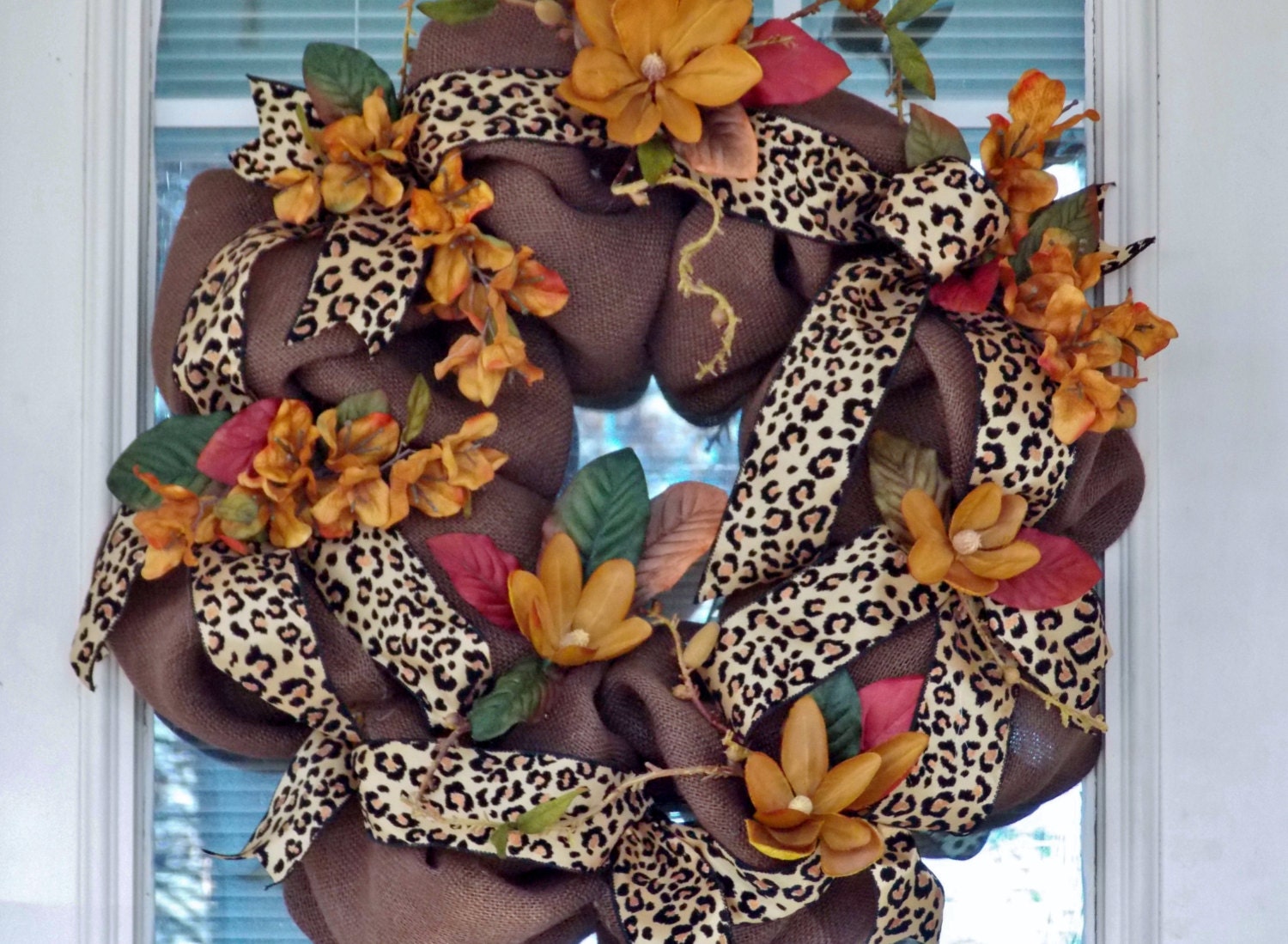 Tuscan Burlap Wreath with Leopard Ribbon and Magnolias, Wall Decor, Door Wreath, Wall Wreath, Burlap Wreath, Gift