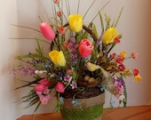 Spring Tulip Floral Arrangement in Moss Burlap Basket with Bird, Bird Nest, Mothers Day Gift, Holidays, Wall Pocket, Wall Hanging