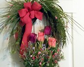 Spring, Summer Grapevine Wreath with Pink, Purple Tulips, Burlap Bow, Oval Grapevine, Gifts, Handmade Original