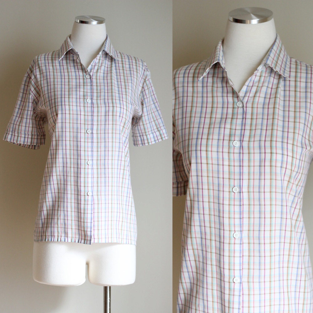 Vintage 1980s Pastel Plaid Blouse - Button Down - Short Sleeves - Size Large