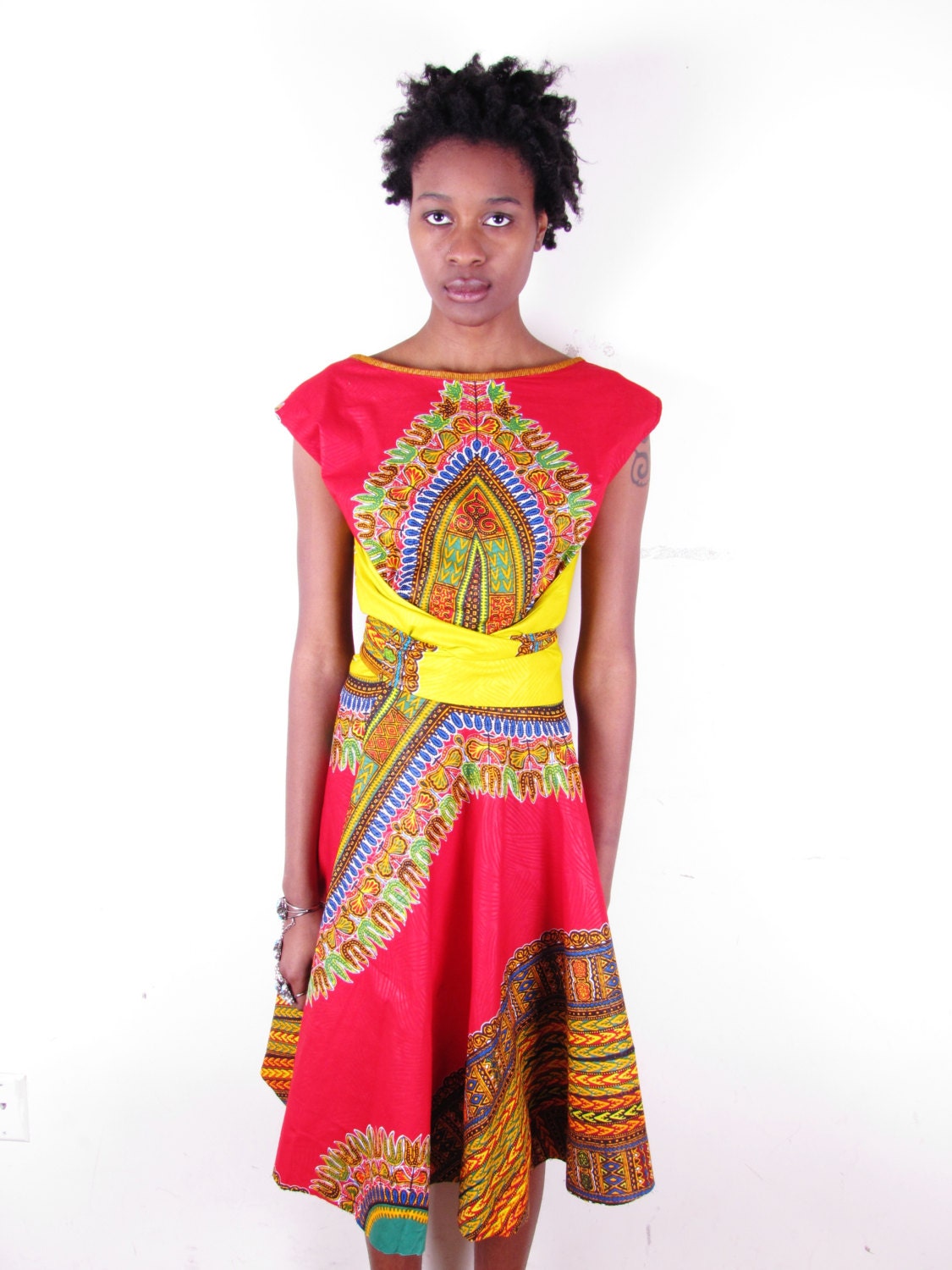 Bold Bright 50s Vintage Inspired Dashiki African Wax Print Full Circle Reversible Wrap Dress