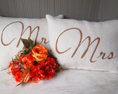 Caramel script Mr. and Mrs. pillows on white/ivory burlap for wedding, photo booth, anniversary, housewarming, your livingroom