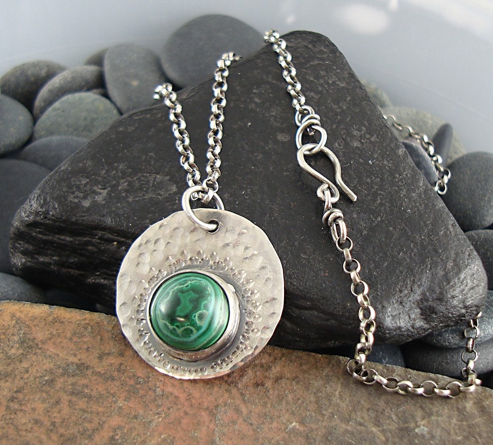 Green Malachite Necklace, Round Sterling Silver Tag, Rollo Chain, Handmade