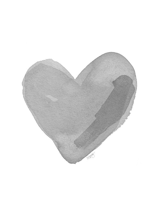 Love Black and White Art Heart  Watercolor Painting Charcoal Gray  8x10 Art Print Black Heart