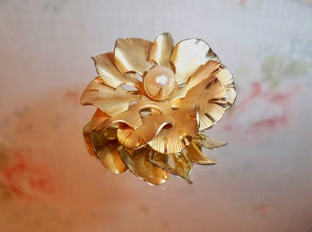 Gold Filled Flower Pin Genuine Pearl Center by IPS of Rhode Island  On Sale 5.00