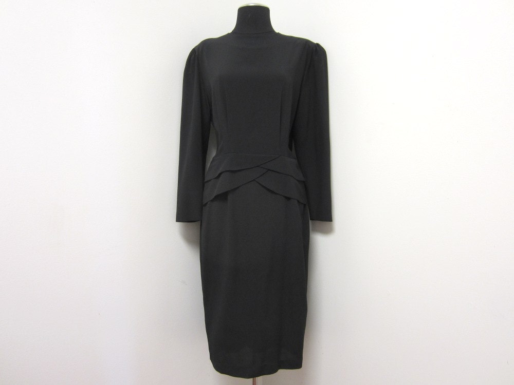 1980s does 1940s - Black Lightly Shimmering  Long Sleeved Dress with Double Peplum - Size 6 Small - Vegan