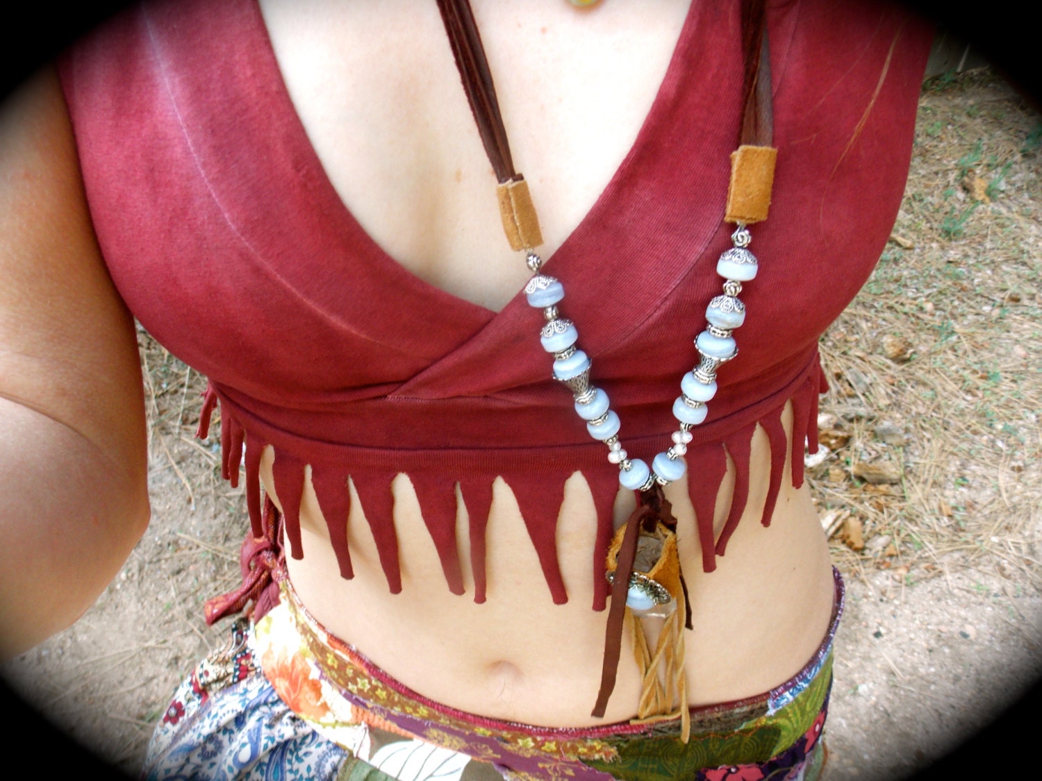 Ready to ship Anasazi Tribal Fringe Belly Top Organic hemp and cotton Dyed with Herbs in Cochineal